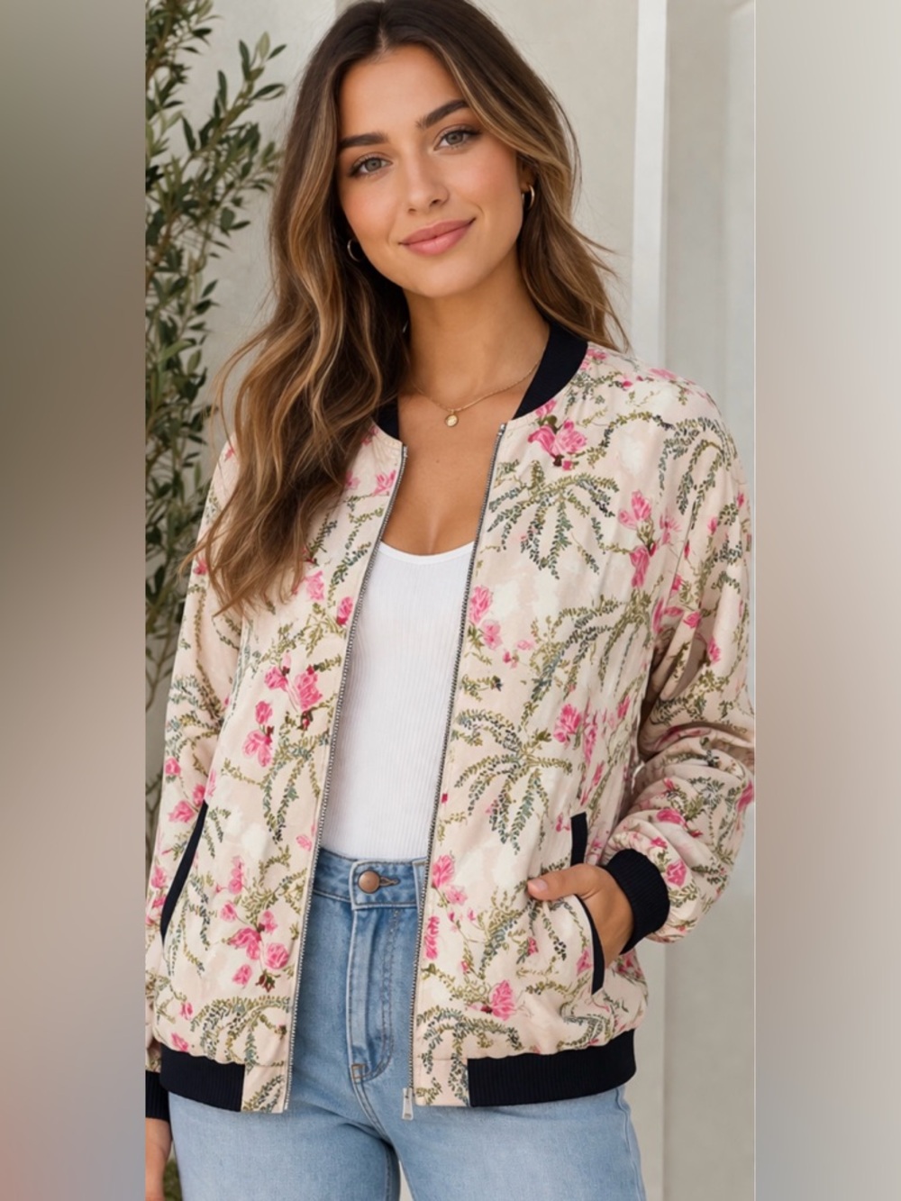 Among Equals Cotton On Floral Bomber Jacket Womens 12 Cream Pink Crane Bird A7